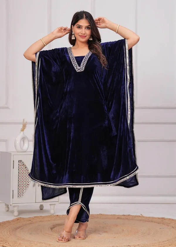 Dark_Blue_Lace_Work_Premium_Velvet_Suit_Set_For_Women