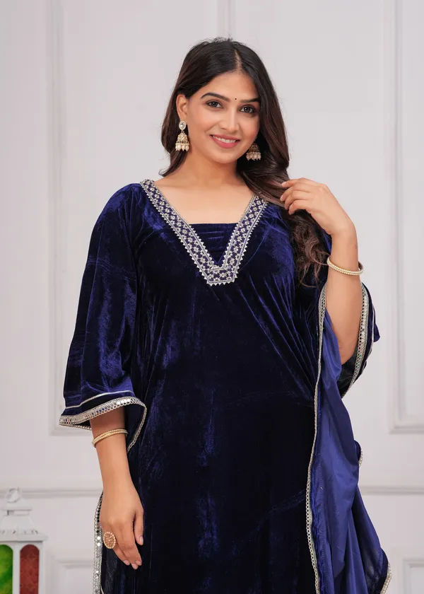 Dark_Blue_Lace_Work_Premium_Velvet_Suit_Set_For_Women