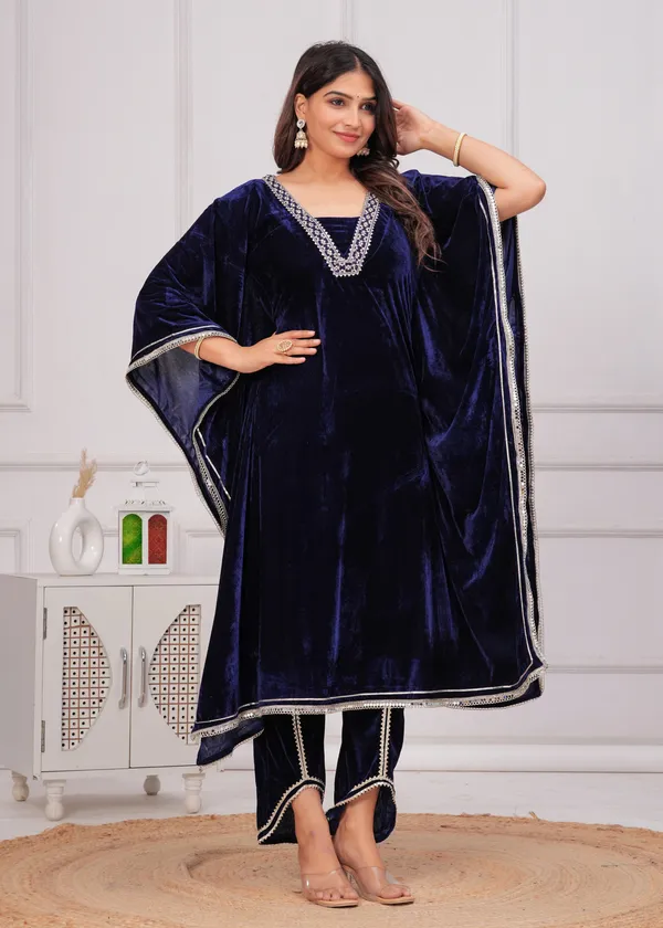 Dark_Blue_Lace_Work_Premium_Velvet_Suit_Set_For_Women