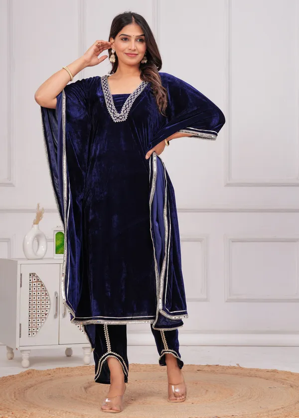 Dark_Blue_Lace_Work_Premium_Velvet_Suit_Set_For_Women