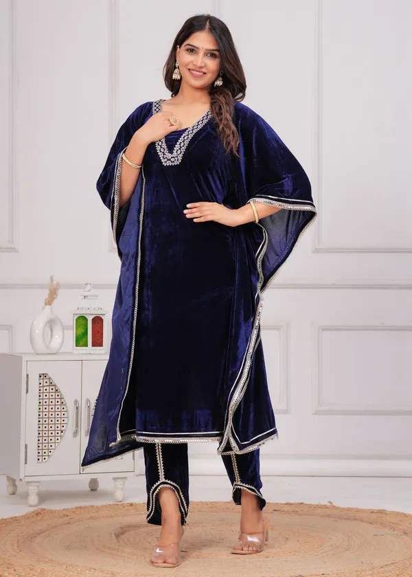 Dark_Blue_Lace_Work_Premium_Velvet_Suit_Set_For_Women
