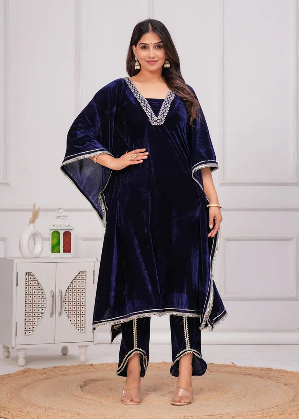 Dark_Blue_Lace_Work_Premium_Velvet_Suit_Set_For_Women