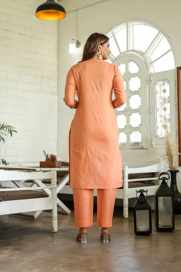 Orange_Embroidery_work_cotton_kurta_and_pant_set