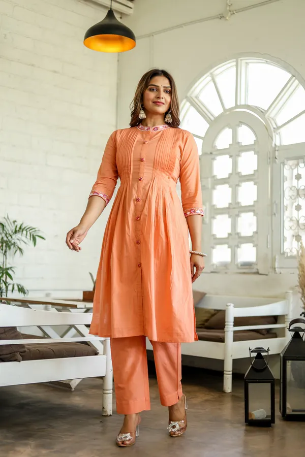 Orange_Embroidery_work_cotton_kurta_and_pant_set
