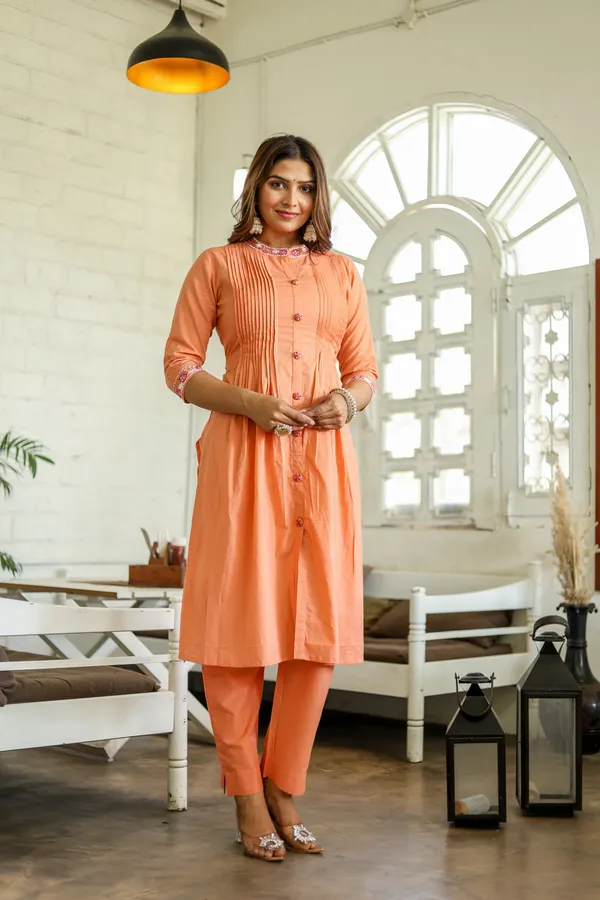 Orange_Embroidery_work_cotton_kurta_and_pant_set