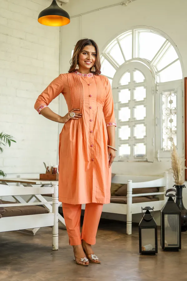 Orange_Embroidery_work_cotton_kurta_and_pant_set