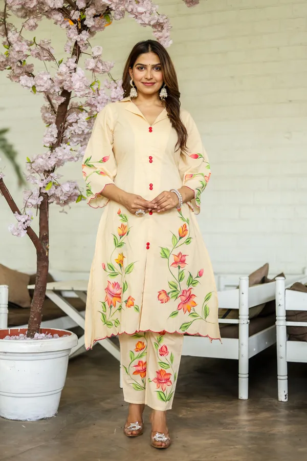 Peach_Flower_Printed_Cotton_Kurta_or_Pant_Set