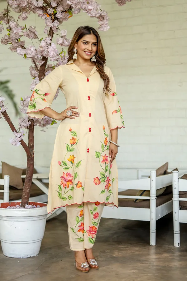 Peach_Flower_Printed_Cotton_Kurta_or_Pant_Set