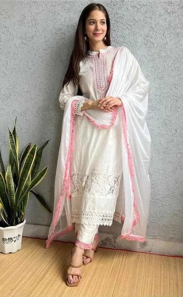 White_Lurex_Regular_Fit_Solid_Kurta,_Pant_And_Dupatta__Set_For_Women