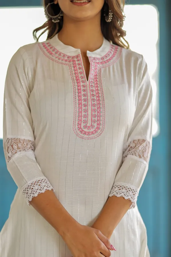 White_Lurex_Regular_Fit_Solid_Kurta,_Pant_And_Dupatta__Set_For_Women