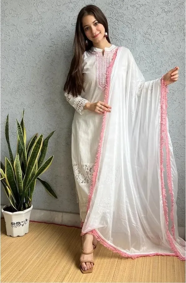 White_Lurex_Regular_Fit_Solid_Kurta,_Pant_And_Dupatta__Set_For_Women