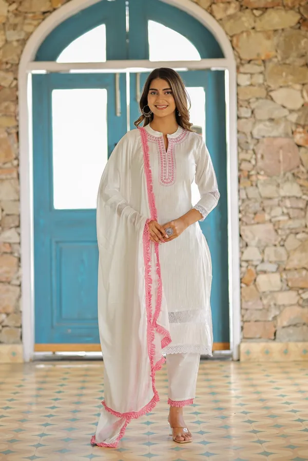 White_Lurex_Regular_Fit_Solid_Kurta,_Pant_And_Dupatta__Set_For_Women