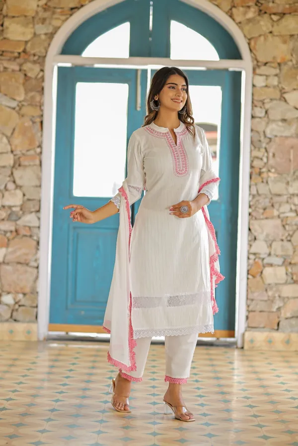 White_Lurex_Regular_Fit_Solid_Kurta,_Pant_And_Dupatta__Set_For_Women