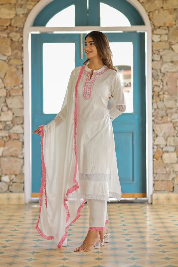 White_Lurex_Regular_Fit_Solid_Kurta,_Pant_And_Dupatta__Set_For_Women
