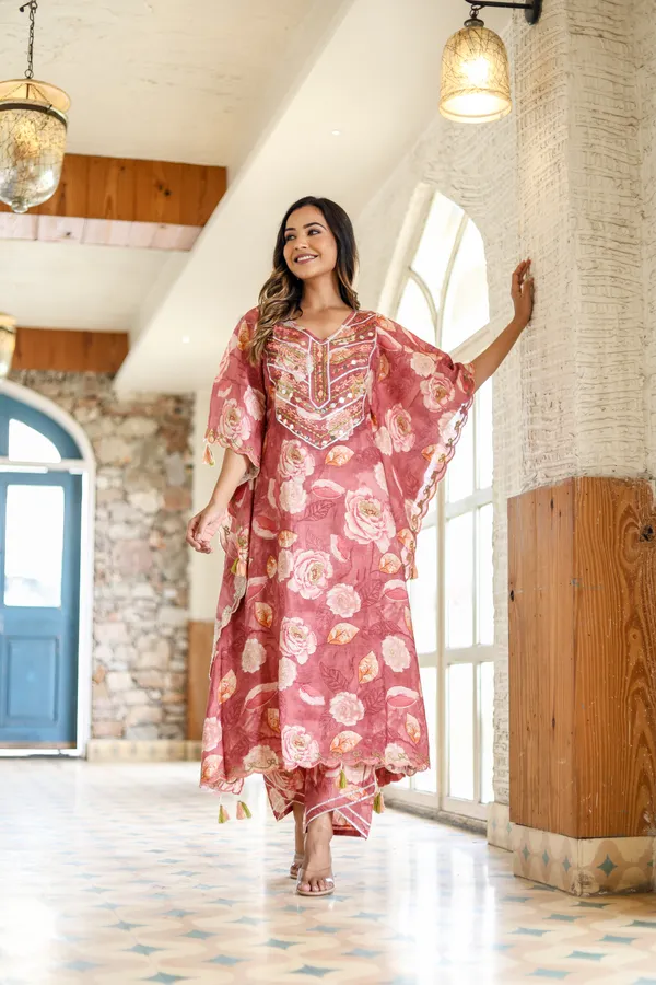 Red_Chinnon_Regular_Fit_Solid_Kaftan_And_Pant_Set_For_Women