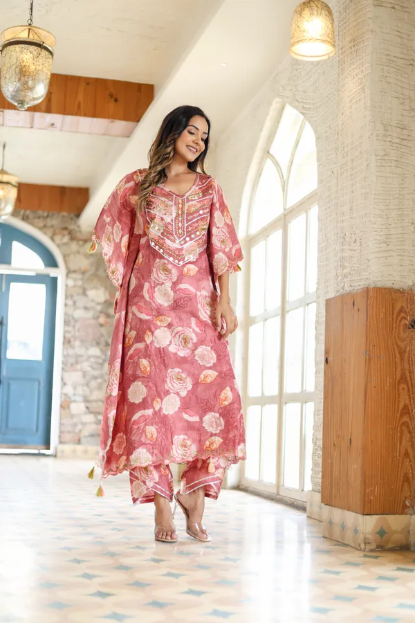 Red_Chinnon_Regular_Fit_Solid_Kaftan_And_Pant_Set_For_Women