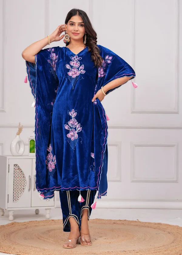 Blue_Kaftan_Premium_Velvet_Suit_Set_For_Women