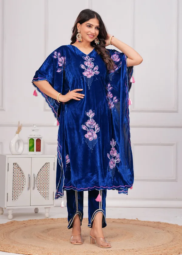 Blue_Kaftan_Premium_Velvet_Suit_Set_For_Women