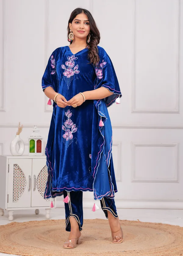 Blue_Kaftan_Premium_Velvet_Suit_Set_For_Women