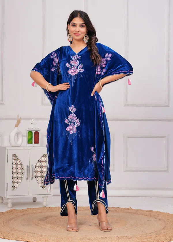 Blue_Kaftan_Premium_Velvet_Suit_Set_For_Women