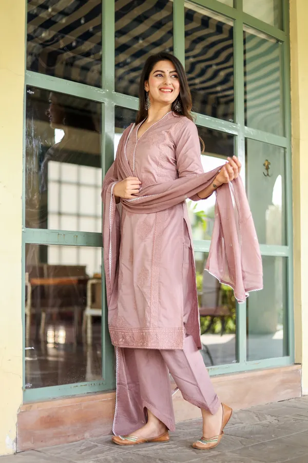 Off_White_Cotton_Regular_Fit_Solid_Kurta,_Pant_And_Dupatta__Set_For_Women