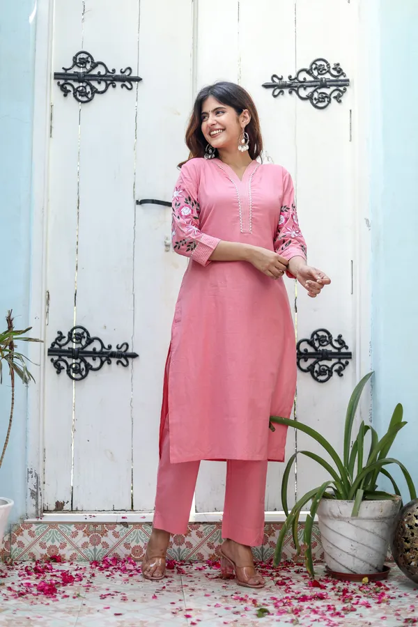 Pink_Cotton_Embroidery_Work_Kurta_And_Pant