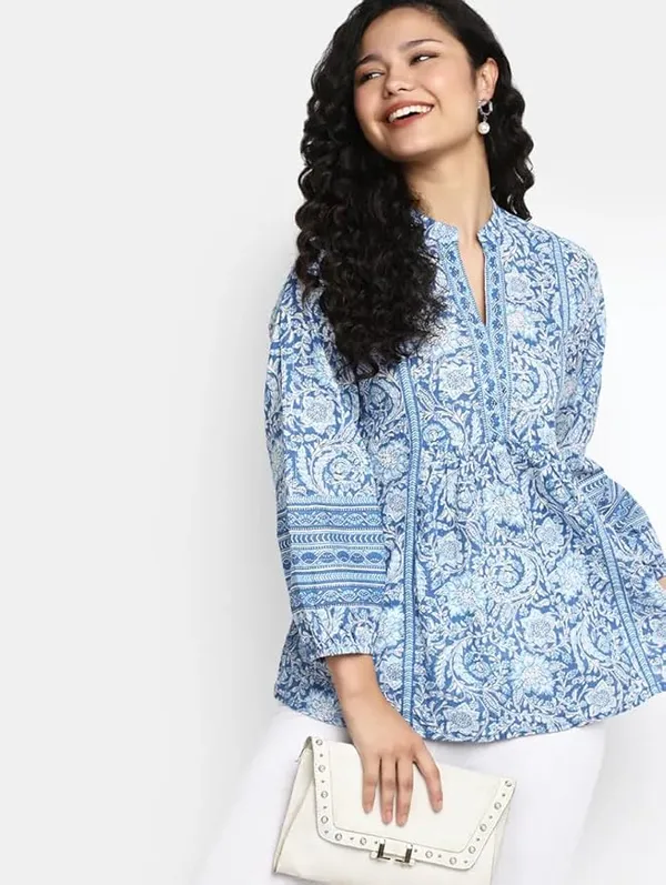 Blue_Cotton_Printed_Short_Kurti