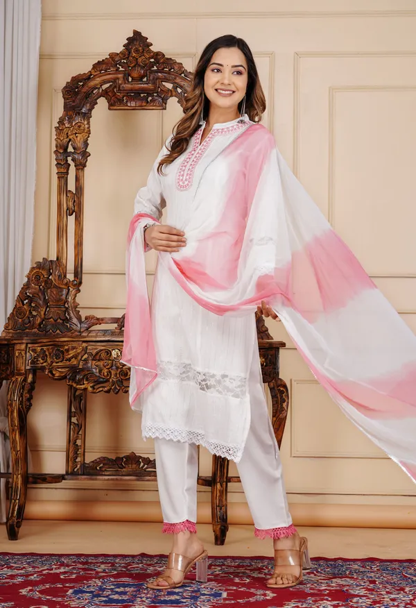 White_Lurex_Regular_Fit_Solid_Kurta,_Pant_And_Dupatta__Set_For_Women