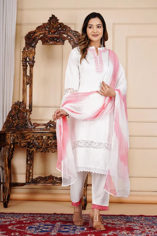 White_Lurex_Regular_Fit_Solid_Kurta,_Pant_And_Dupatta__Set_For_Women