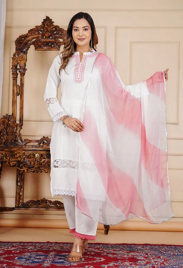 White_Lurex_Regular_Fit_Solid_Kurta,_Pant_And_Dupatta__Set_For_Women