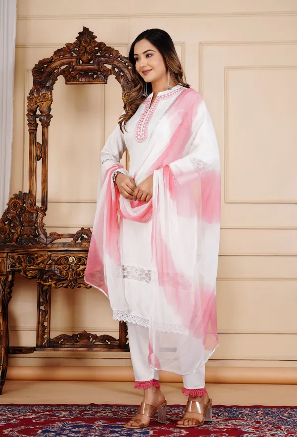 White_Lurex_Regular_Fit_Solid_Kurta,_Pant_And_Dupatta__Set_For_Women