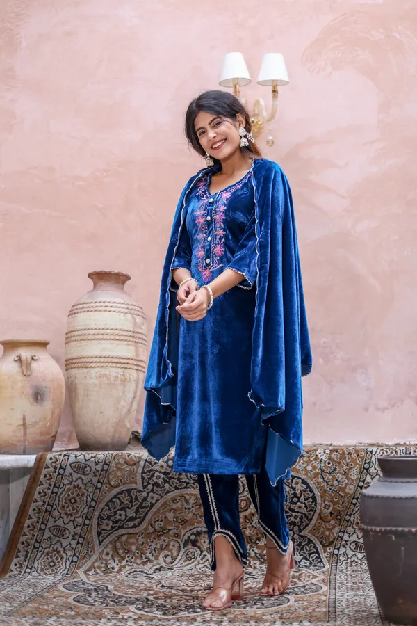 Blue_Embroidered_Neckline_Work_Premium_Velvet_Suit_Set_For_Women