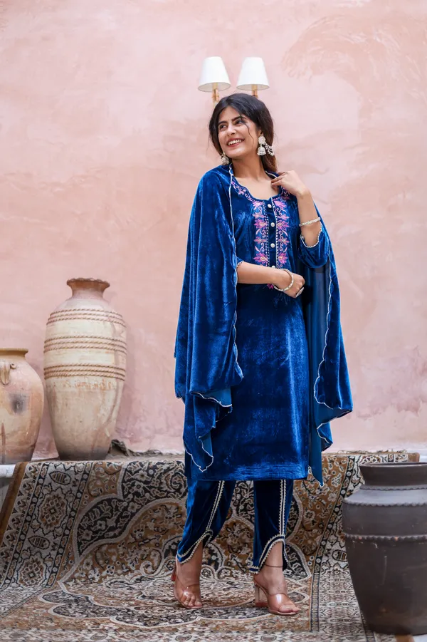 Blue_Embroidered_Neckline_Work_Premium_Velvet_Suit_Set_For_Women