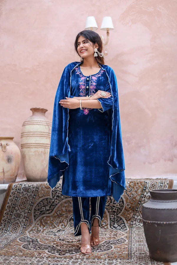 Blue_Embroidered_Neckline_Work_Premium_Velvet_Suit_Set_For_Women