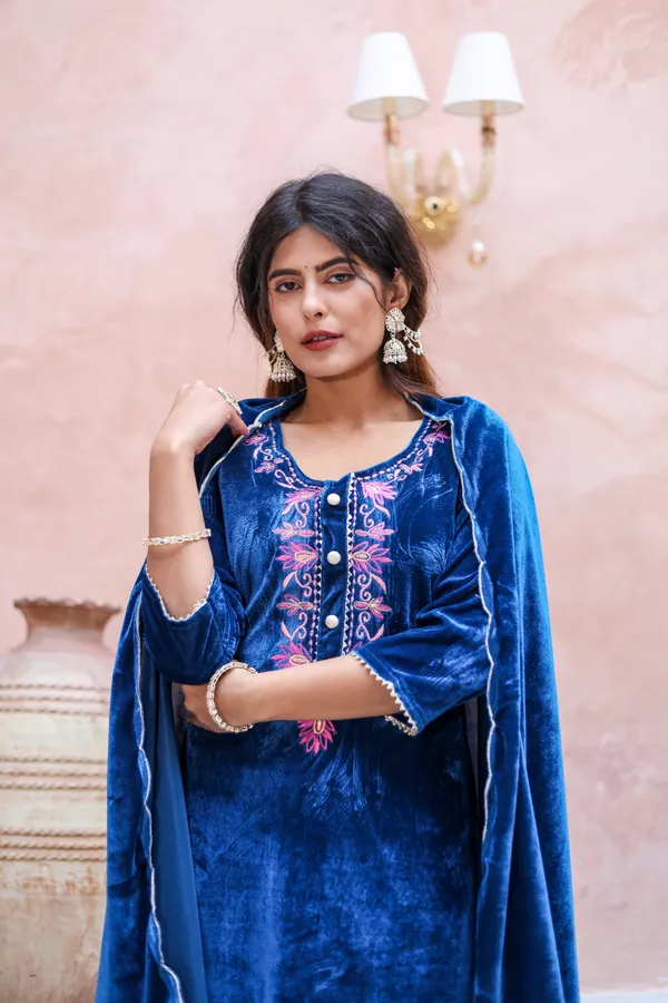 Blue_Embroidered_Neckline_Work_Premium_Velvet_Suit_Set_For_Women