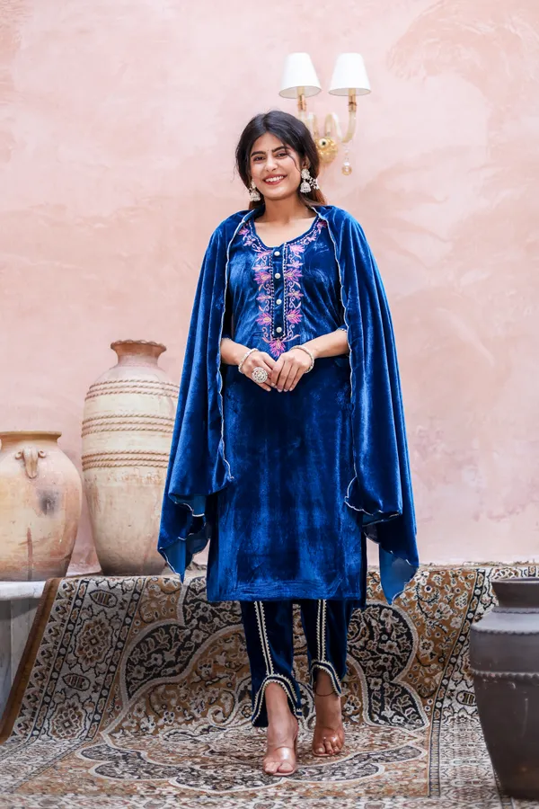 Blue_Embroidered_Neckline_Work_Premium_Velvet_Suit_Set_For_Women