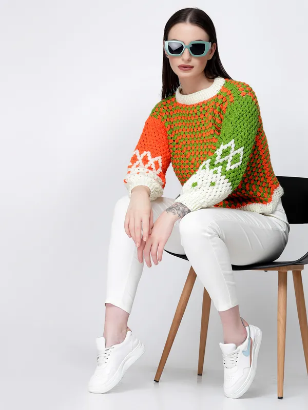 Multicolor_Self_Design_Round_Neck_Long_Sleeves_Ribbed_Hem_Pullover_For_Women