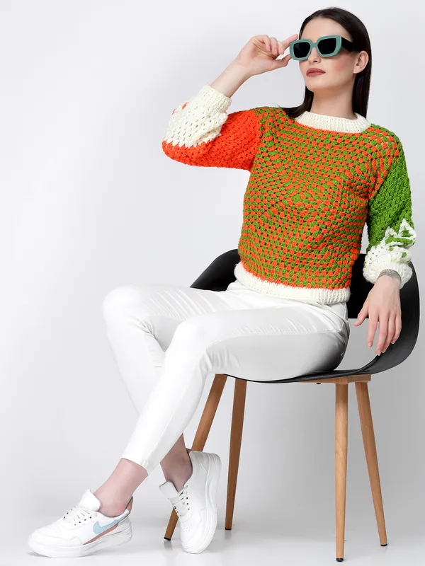 Multicolor_Self_Design_Round_Neck_Long_Sleeves_Ribbed_Hem_Pullover_For_Women