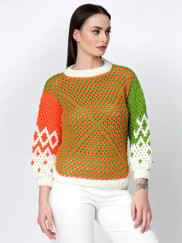 Multicolor_Self_Design_Round_Neck_Long_Sleeves_Ribbed_Hem_Pullover_For_Women