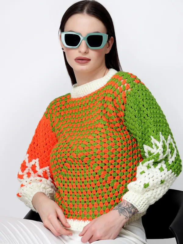 Multicolor_Self_Design_Round_Neck_Long_Sleeves_Ribbed_Hem_Pullover_For_Women