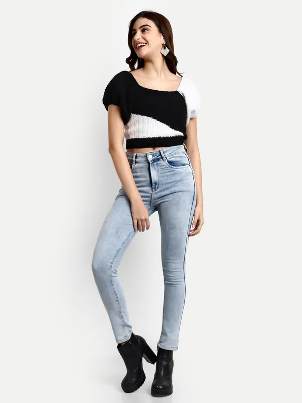 White_Self_Design_Cowl_Neck_Short_Sleeves_Ribbed_Hem_Pullover_For_Women