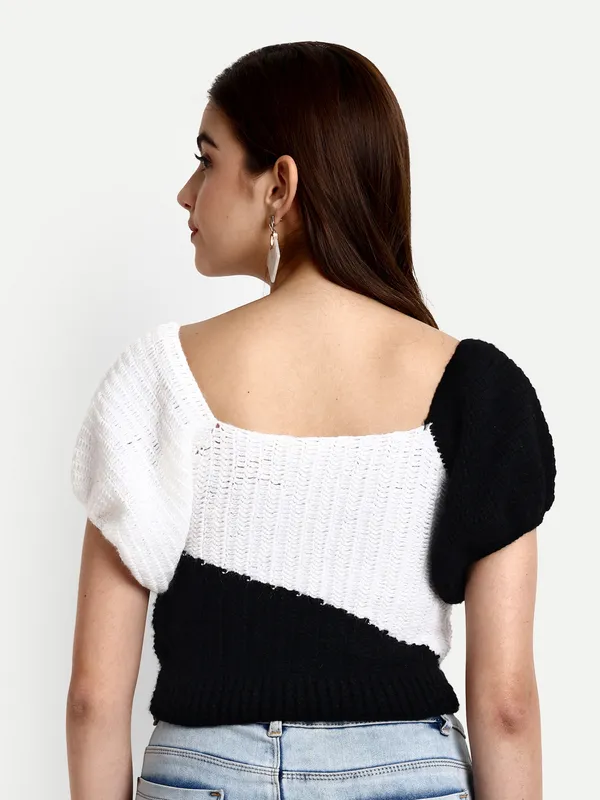 White_Self_Design_Cowl_Neck_Short_Sleeves_Ribbed_Hem_Pullover_For_Women