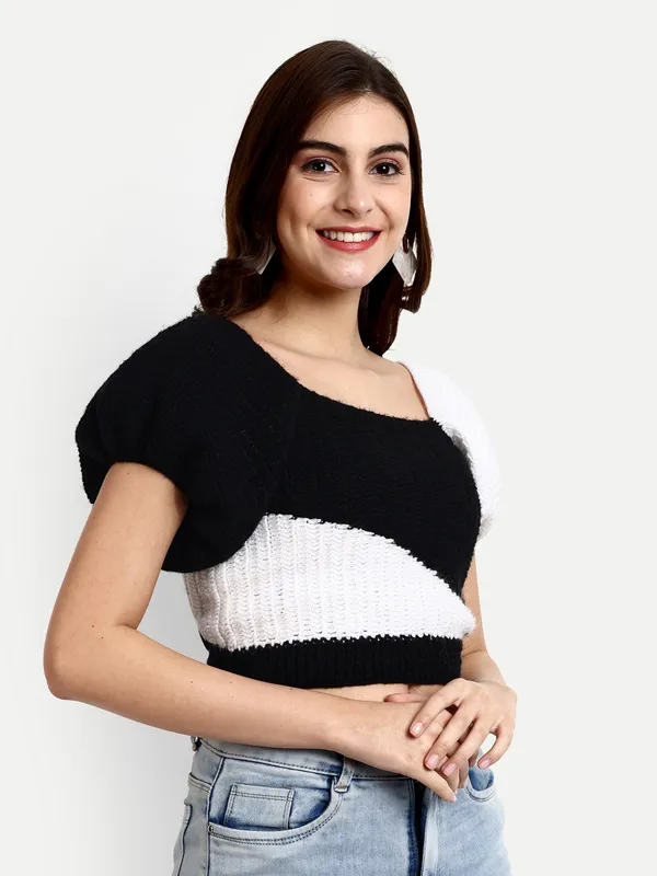 White_Self_Design_Cowl_Neck_Short_Sleeves_Ribbed_Hem_Pullover_For_Women