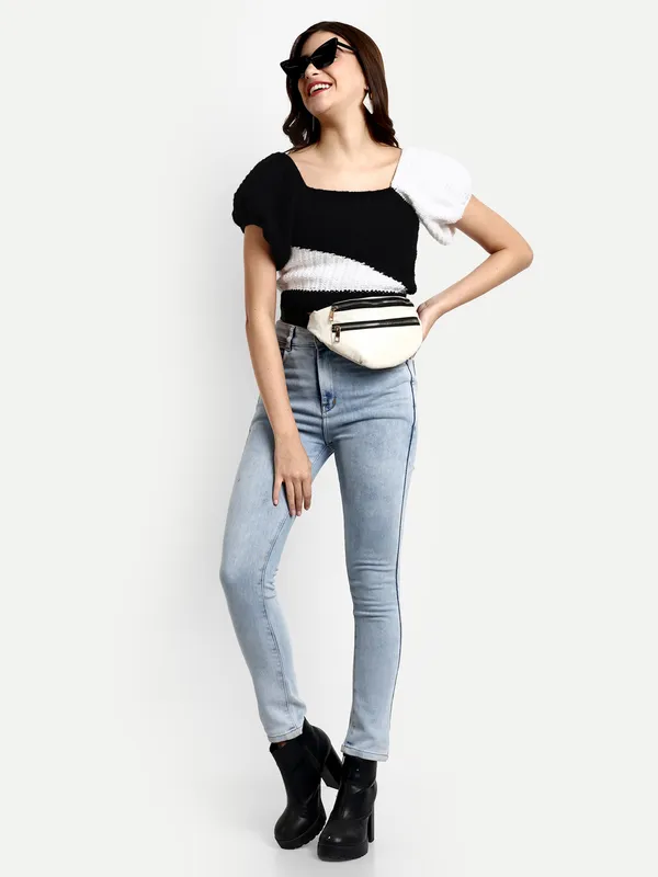 White_Self_Design_Cowl_Neck_Short_Sleeves_Ribbed_Hem_Pullover_For_Women