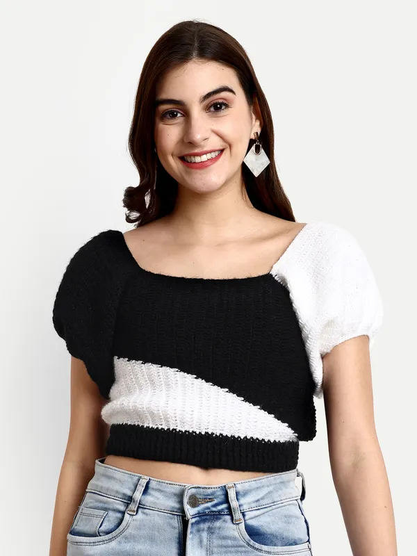 White_Self_Design_Cowl_Neck_Short_Sleeves_Ribbed_Hem_Pullover_For_Women