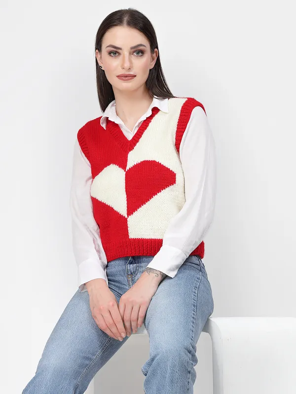 Red_Self_Design_V-Neck_Sleeveless_Ribbed_Hem_Sweater_For_Women