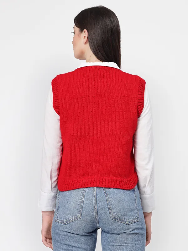 Red_Self_Design_V-Neck_Sleeveless_Ribbed_Hem_Sweater_For_Women