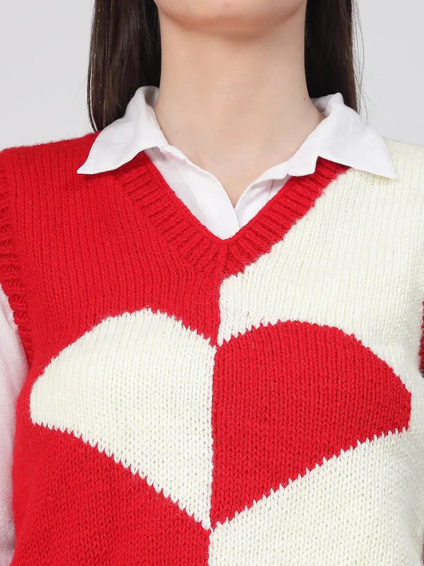 Red_Self_Design_V-Neck_Sleeveless_Ribbed_Hem_Sweater_For_Women