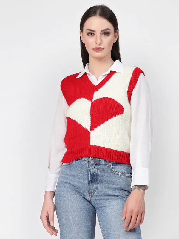 Red_Self_Design_V-Neck_Sleeveless_Ribbed_Hem_Sweater_For_Women