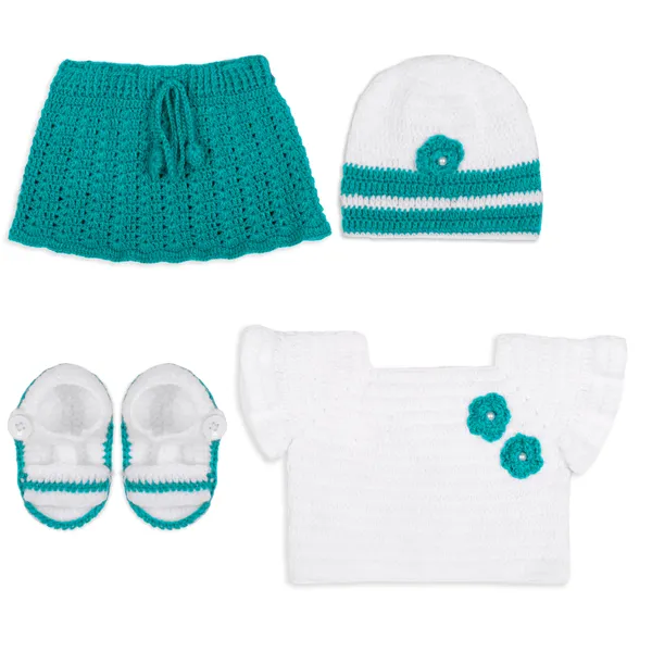 White_Sleeveless_Top_With_Skirt_Cap_And_Booties_Crochet_For_Girls